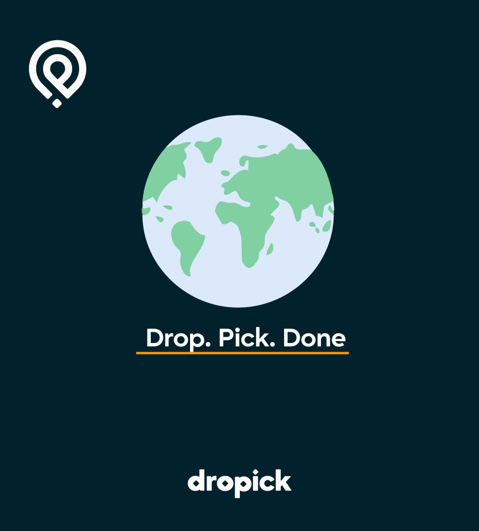 dark navy card with globe and "Drop. Pick. Done" tagline