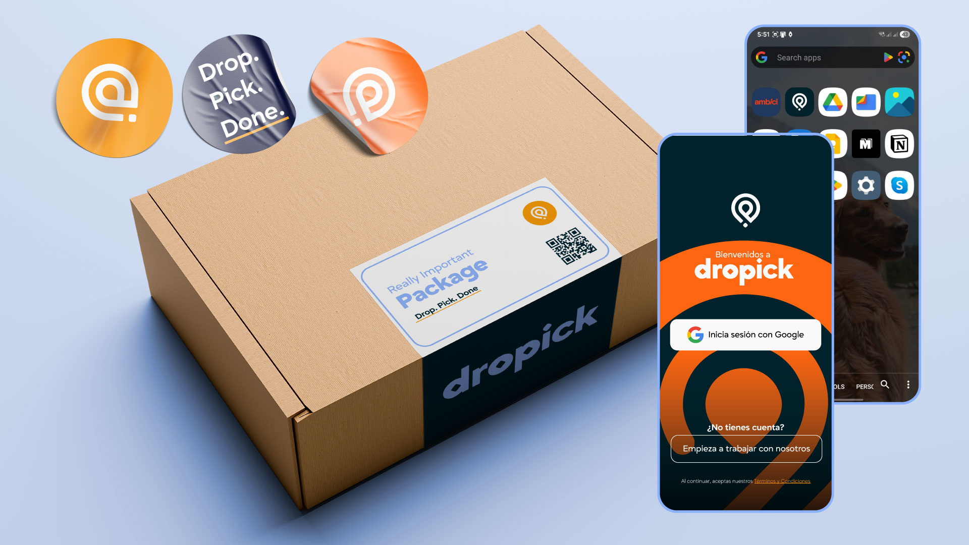 Dropick branded package box with QR label and stickers, alongside app onboarding screen mockup