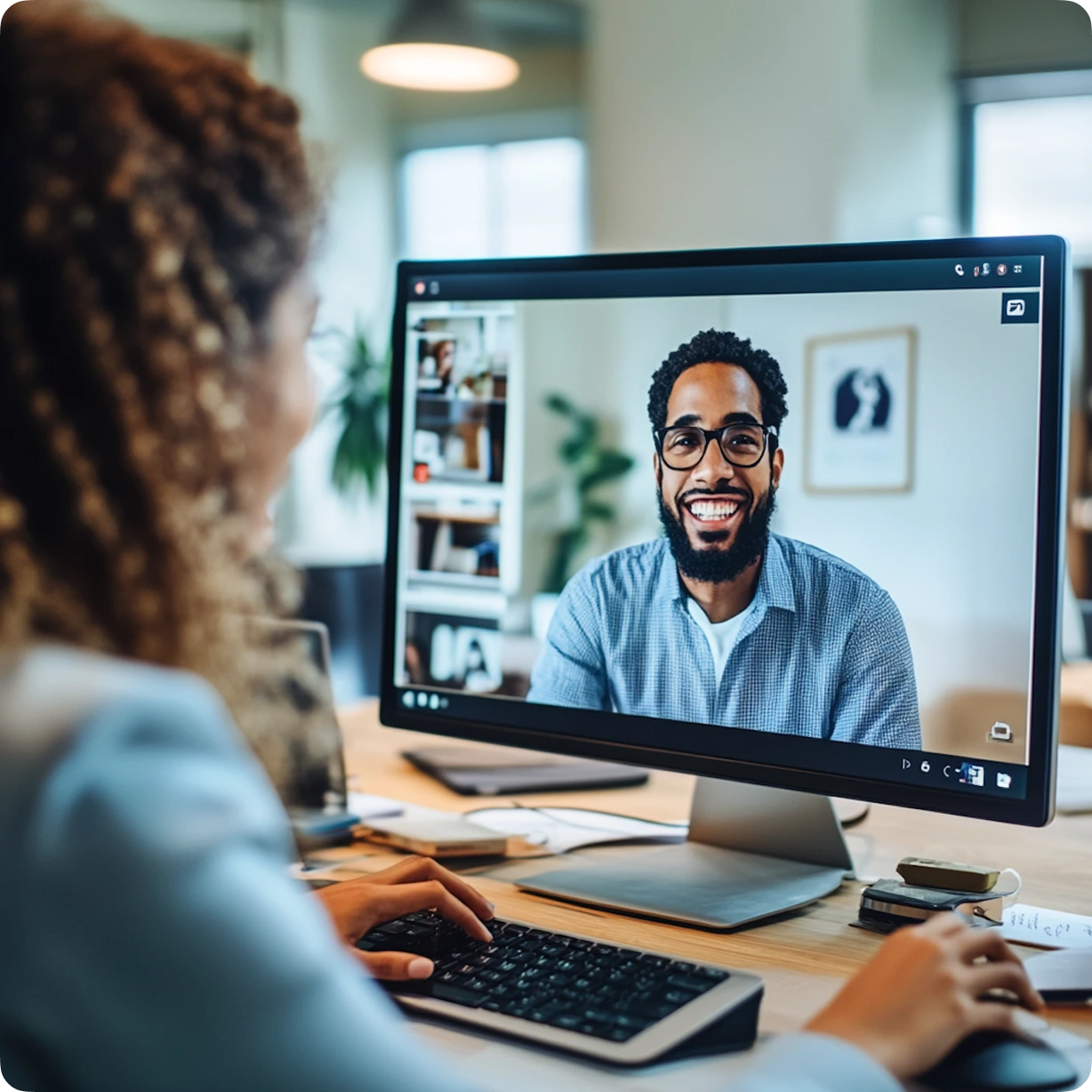 Person with curly hair typing on a keyboard during a video call with a smiling man wearing glasses shown on the monitor.