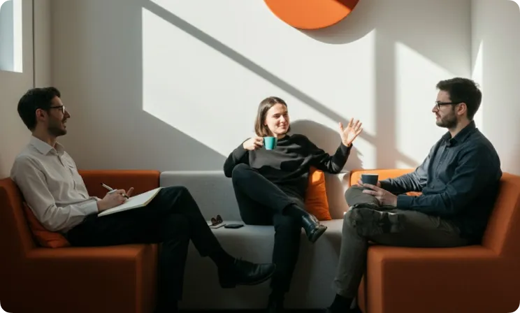 Three people sitting on orange and gray couches in a sunlit room, casually talking and holding coffee cups.