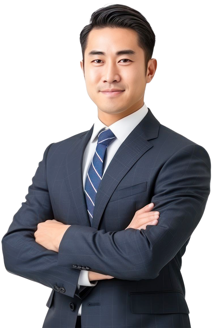 Confident man wearing navy suit and striped tie with arms crossed.