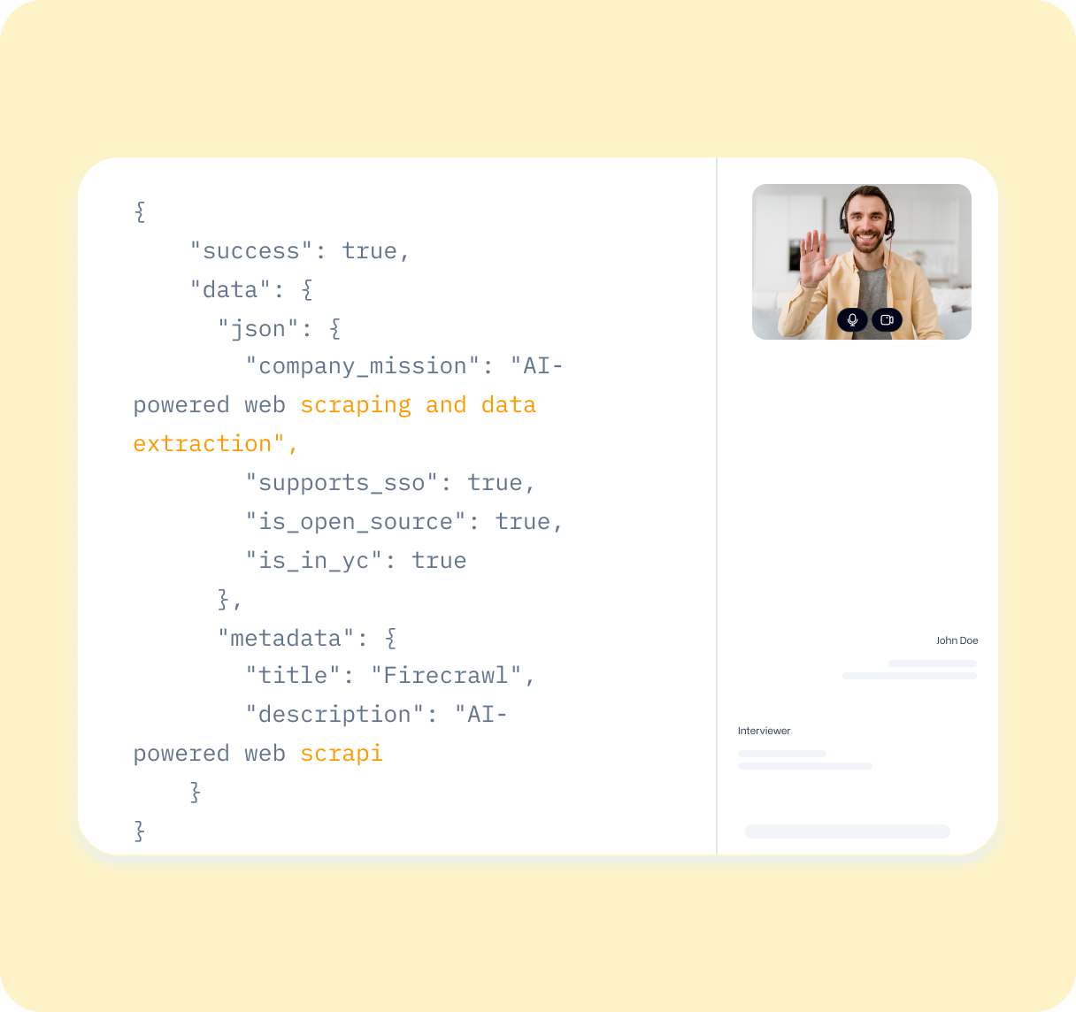Screenshot of a video call interface showing JSON code about AI-powered web scraping and data extraction on the left, and a man waving with a headset on video on the right.