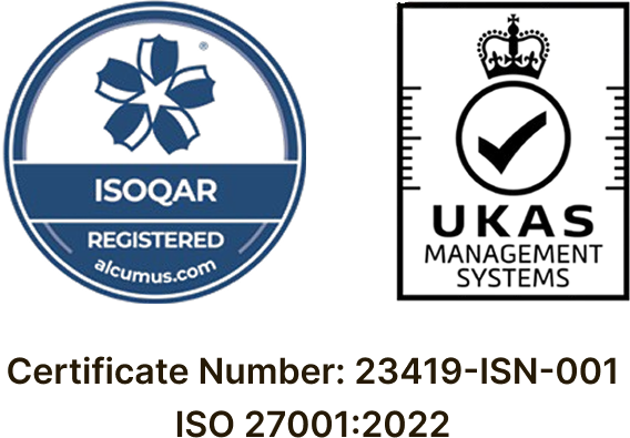 ISOQAR Registered certification mark alongside UKAS Management Systems logo with text 'Certificate Number: 23419-ISN-001 ISO 27001:2022'.