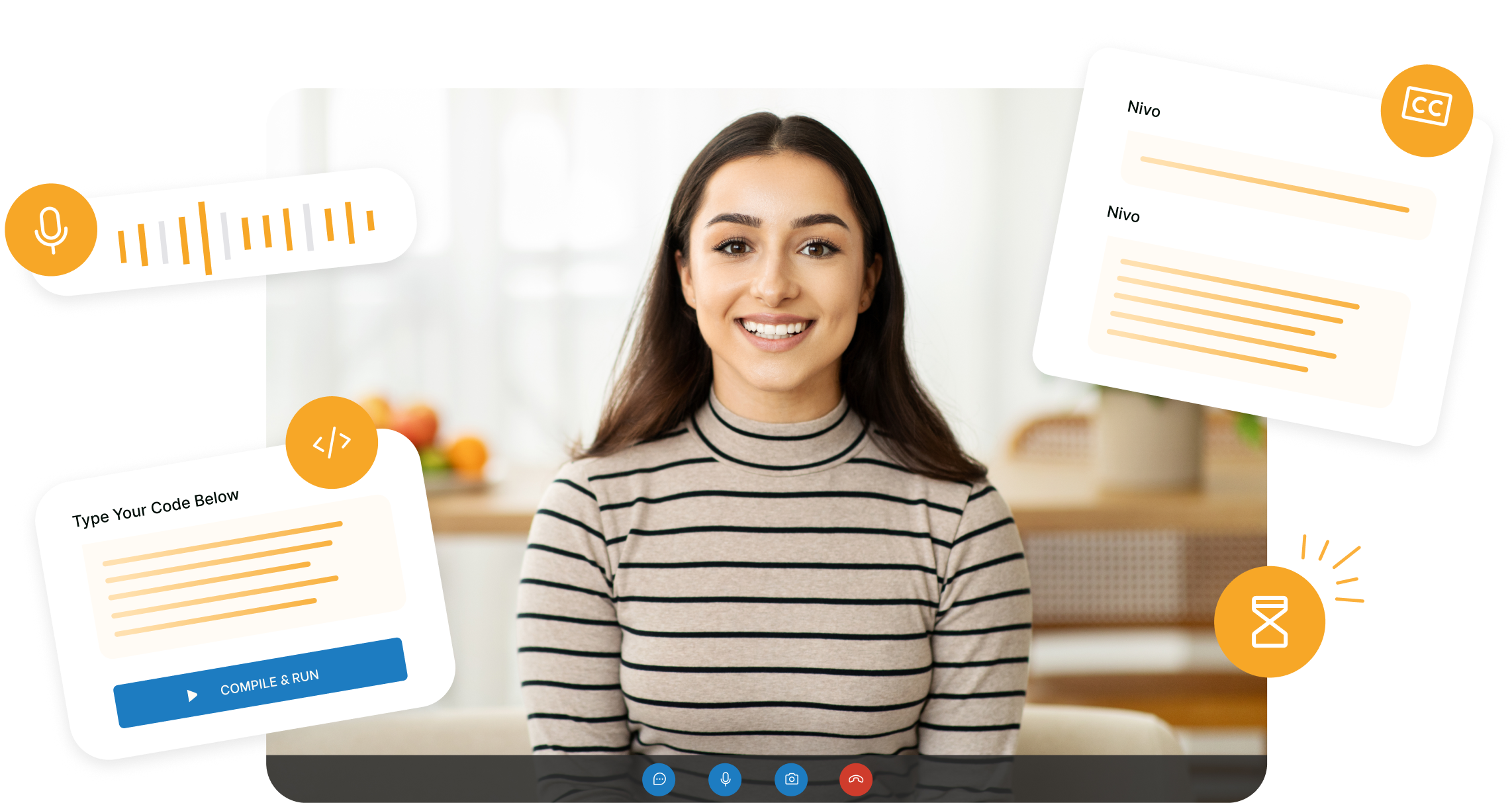 Smiling woman in a striped shirt on a video call with floating icons for voice input, closed captions, code editor, and hourglass timer.