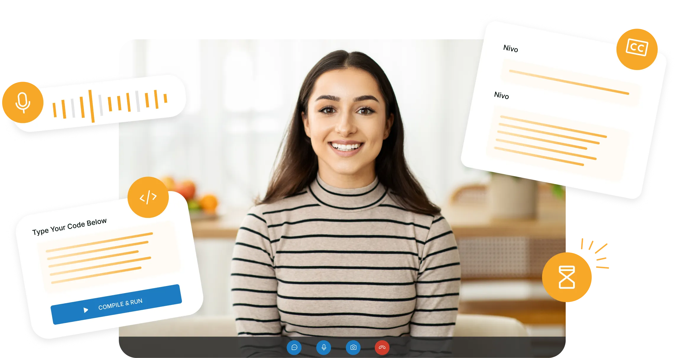 Smiling woman in a striped shirt on a video call with floating icons for voice input, closed captions, code editor, and hourglass timer.