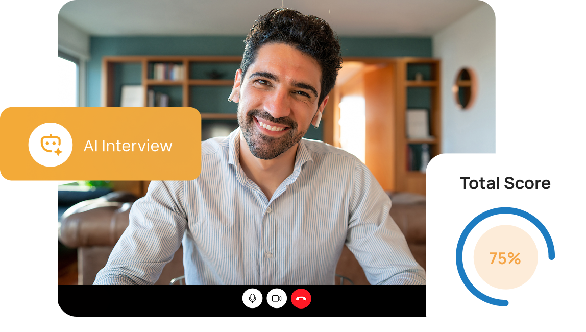Smiling man with dark hair and beard in a striped shirt participating in an AI interview video call with a total score of 75% displayed.