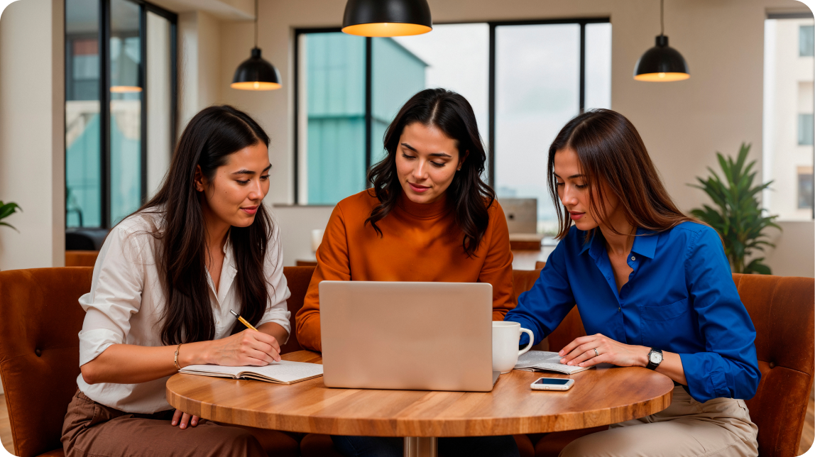 Three women sitting at a round wooden table, collaborating with a laptop, notebooks, and a smartphone in a modern office setting.