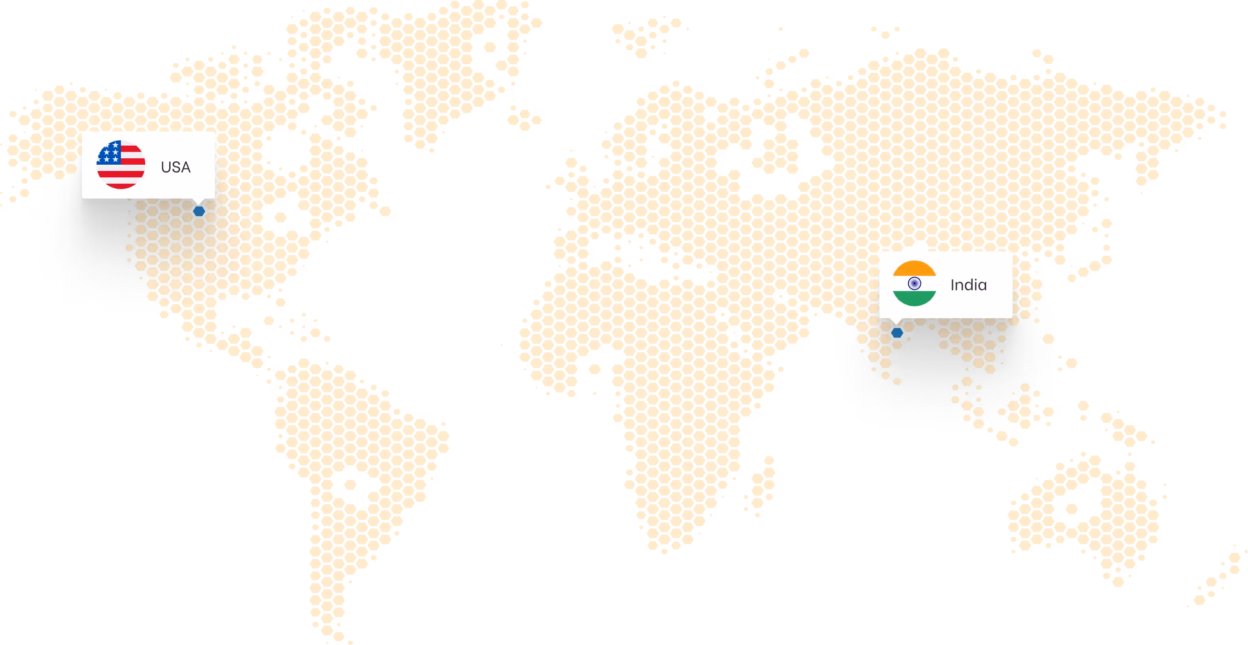 Hexagonal tile world map highlighting USA and India with respective flags and labels.