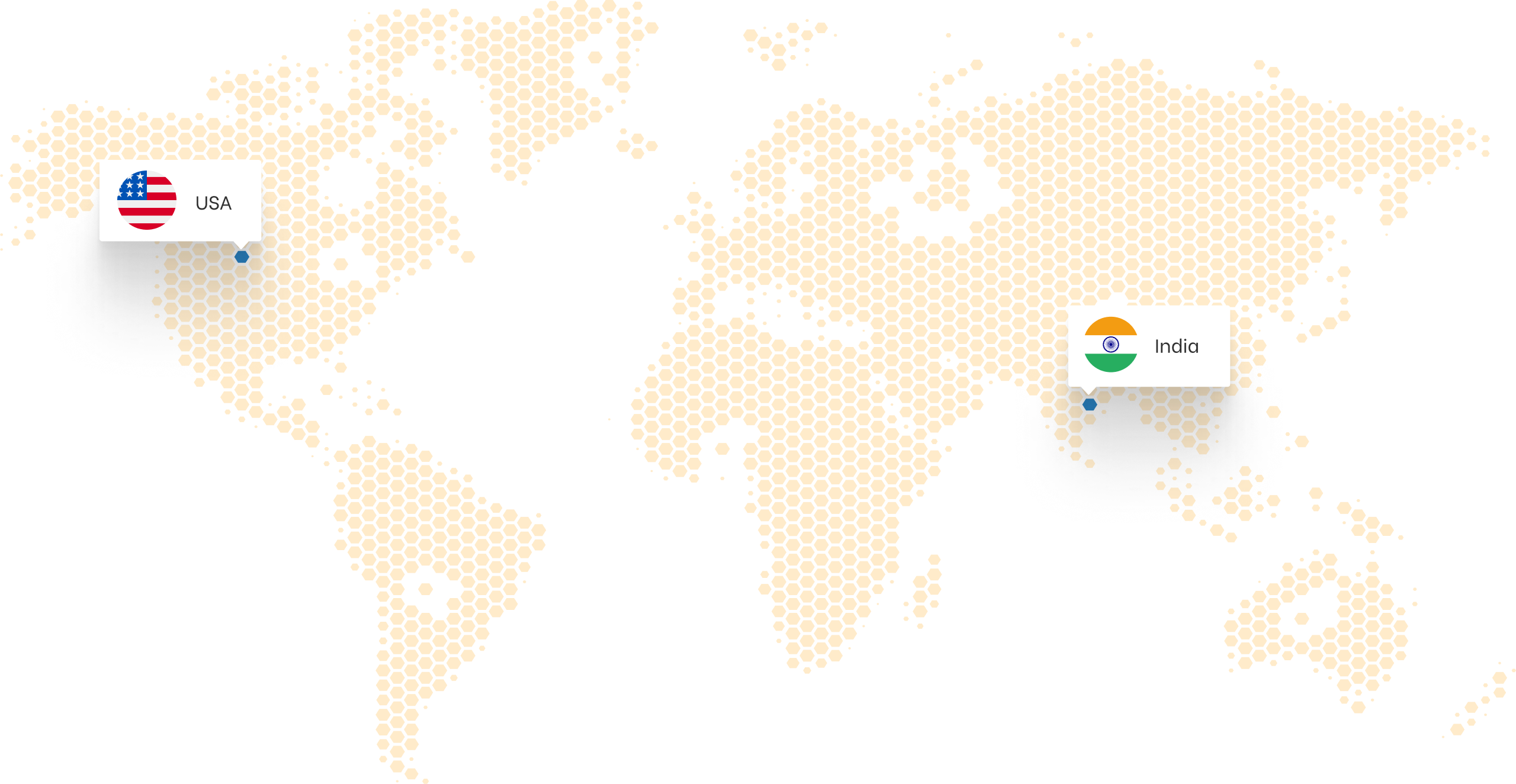 Hexagonal tile world map highlighting USA and India with respective flags and labels.
