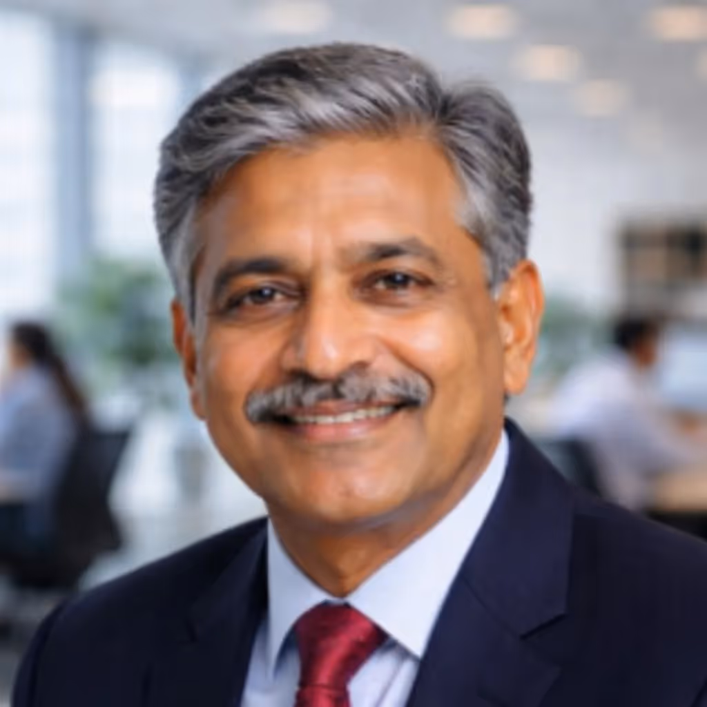 Smiling middle-aged man with gray hair and mustache wearing a dark suit, light blue shirt, and red tie in an office setting.