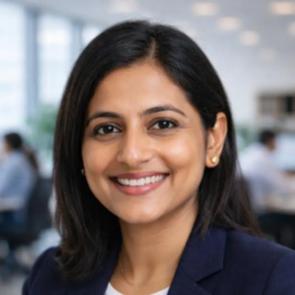 Smiling woman with shoulder-length dark hair wearing a navy blazer in an office setting.