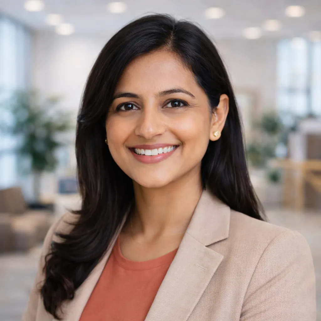 Smiling woman with dark hair wearing a beige blazer and a rust-colored top in a bright office setting.