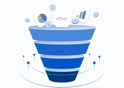 A funnel graphic with money and charts coming into it. 