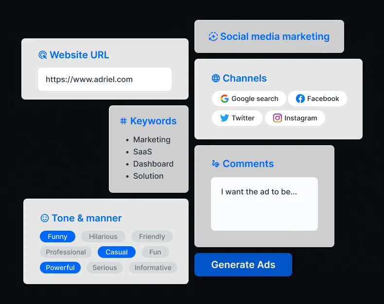 Adgen AI Widgets that when filled out, allow our cutting edge AI to generate ad content for you!