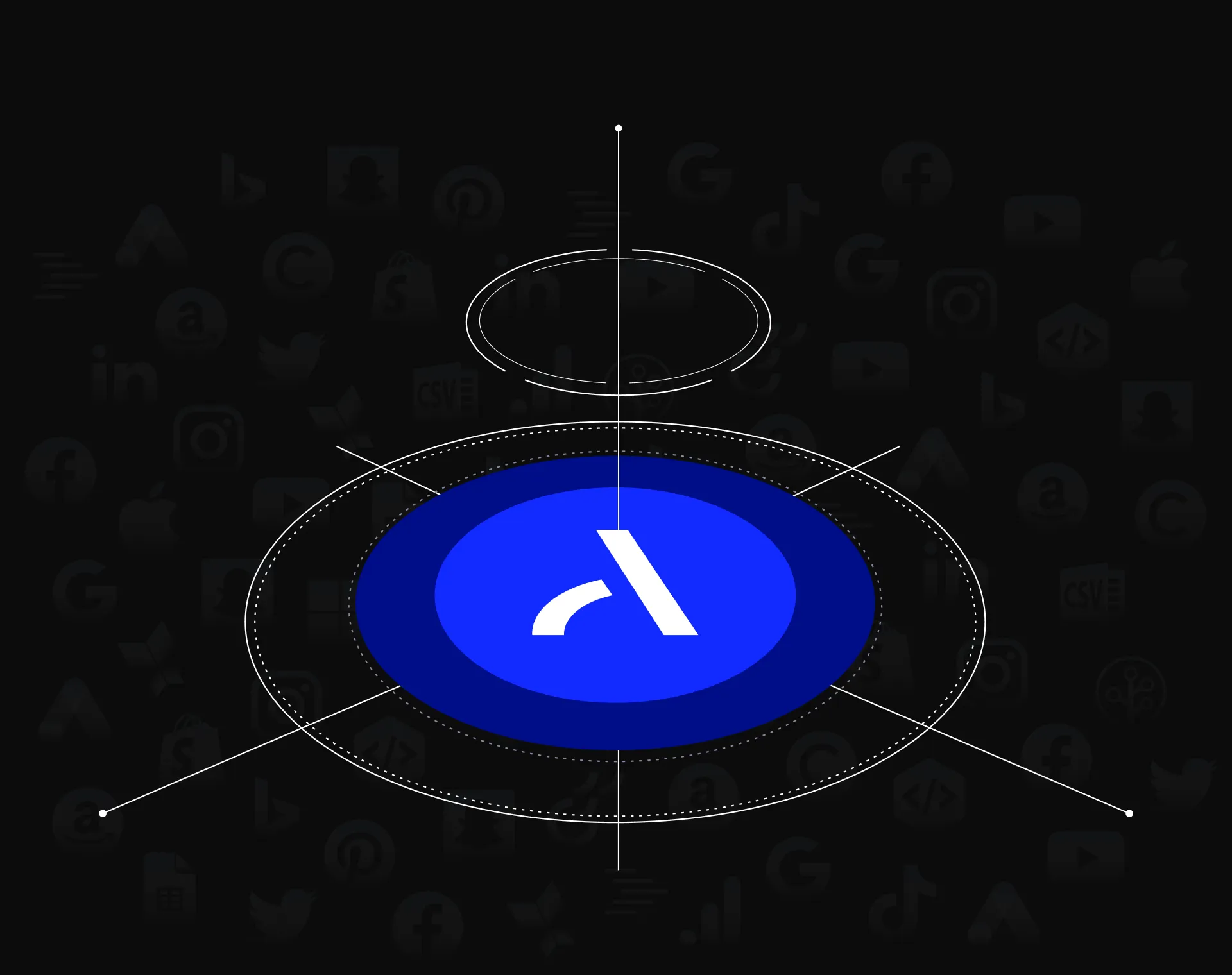 The Adriel logo shown in a futuristic manner, with dozens of connector logos such as "Google, YouTube, Amazon, LinkedIn, and Snapchat" being shown dimly in the background.