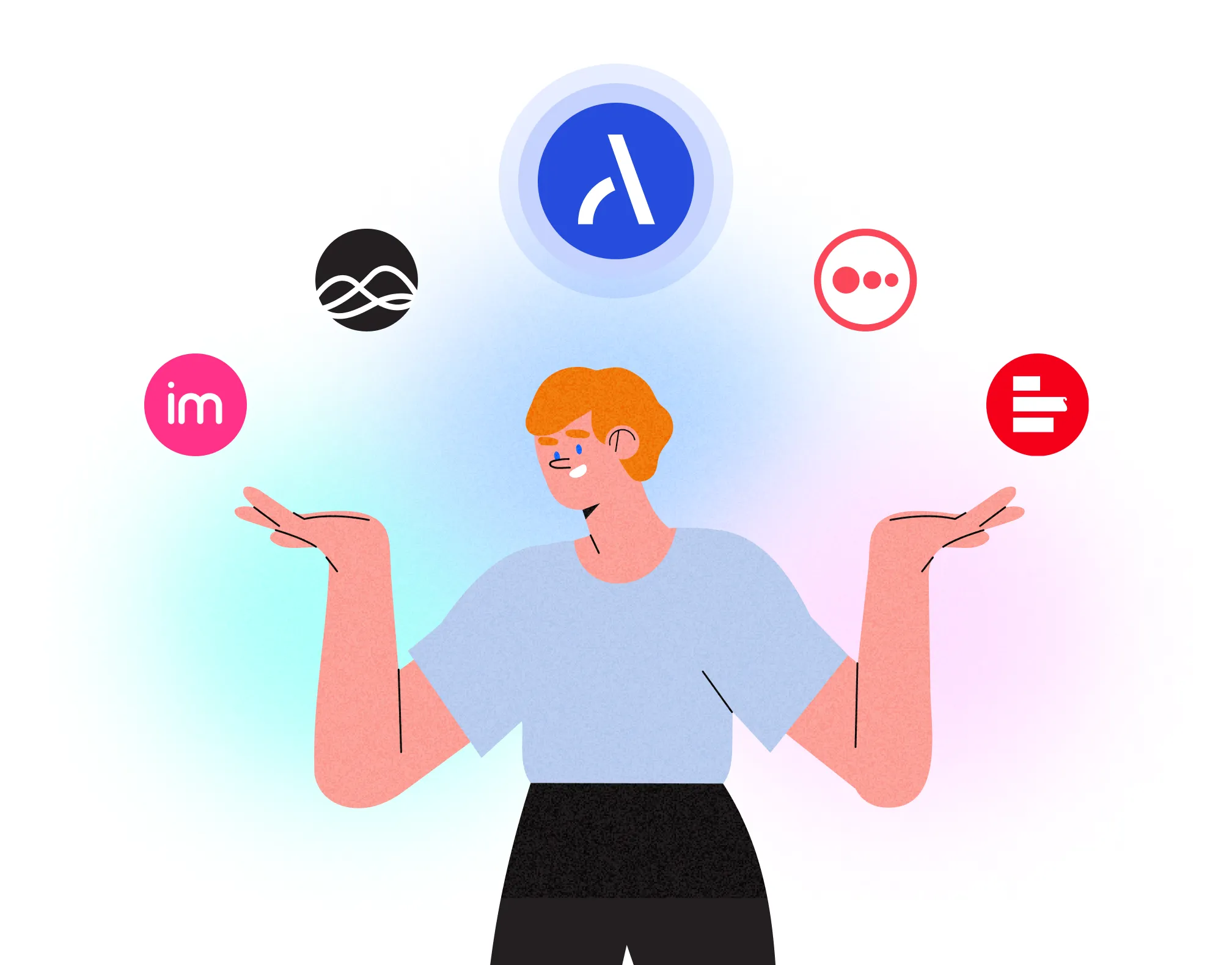 A person holding their hands up with 5 floating icons above their head such as Adriel and Supermetrics. It conveys that the person is looking at all their options.
