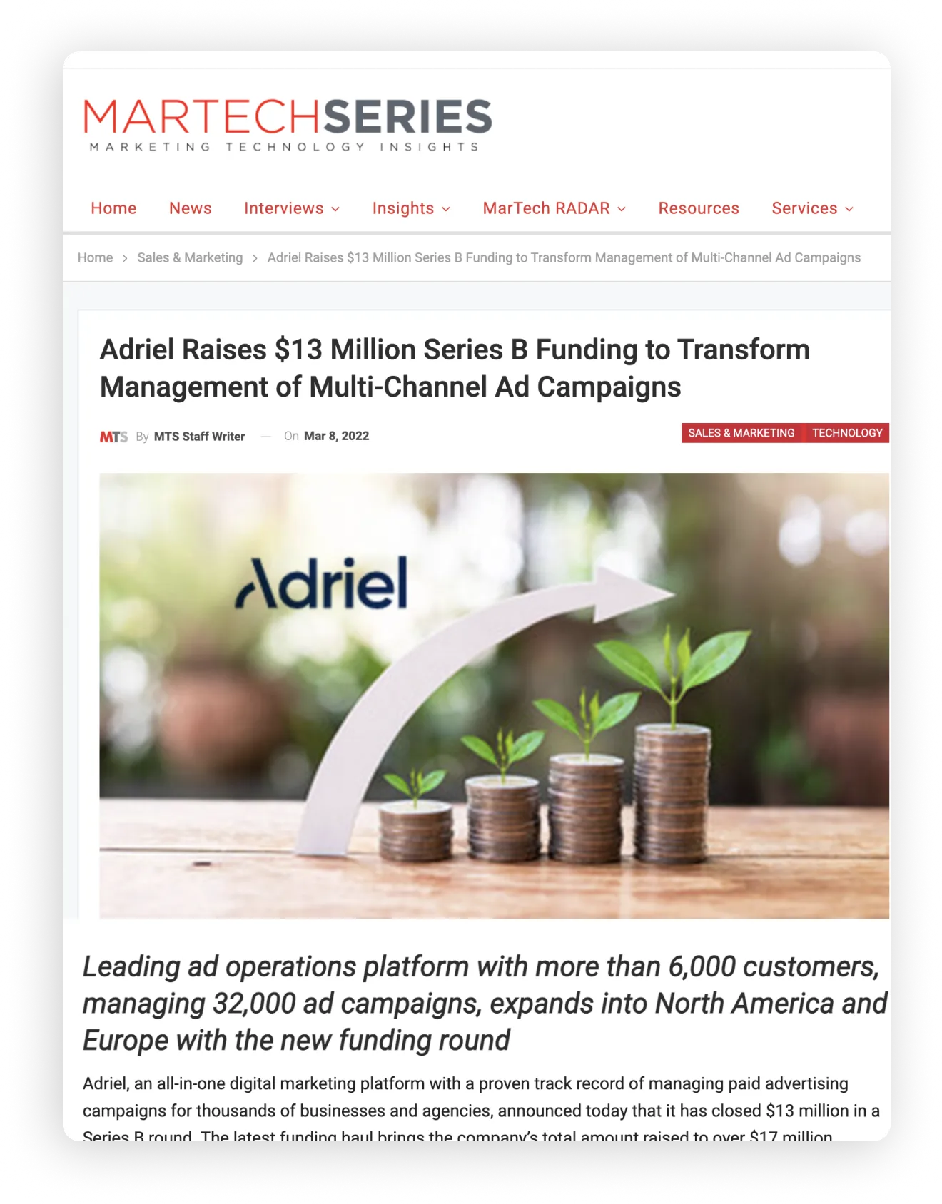 An article headline from MarTech Seriees that talks about Adriel raising 13 Million in series B funding.