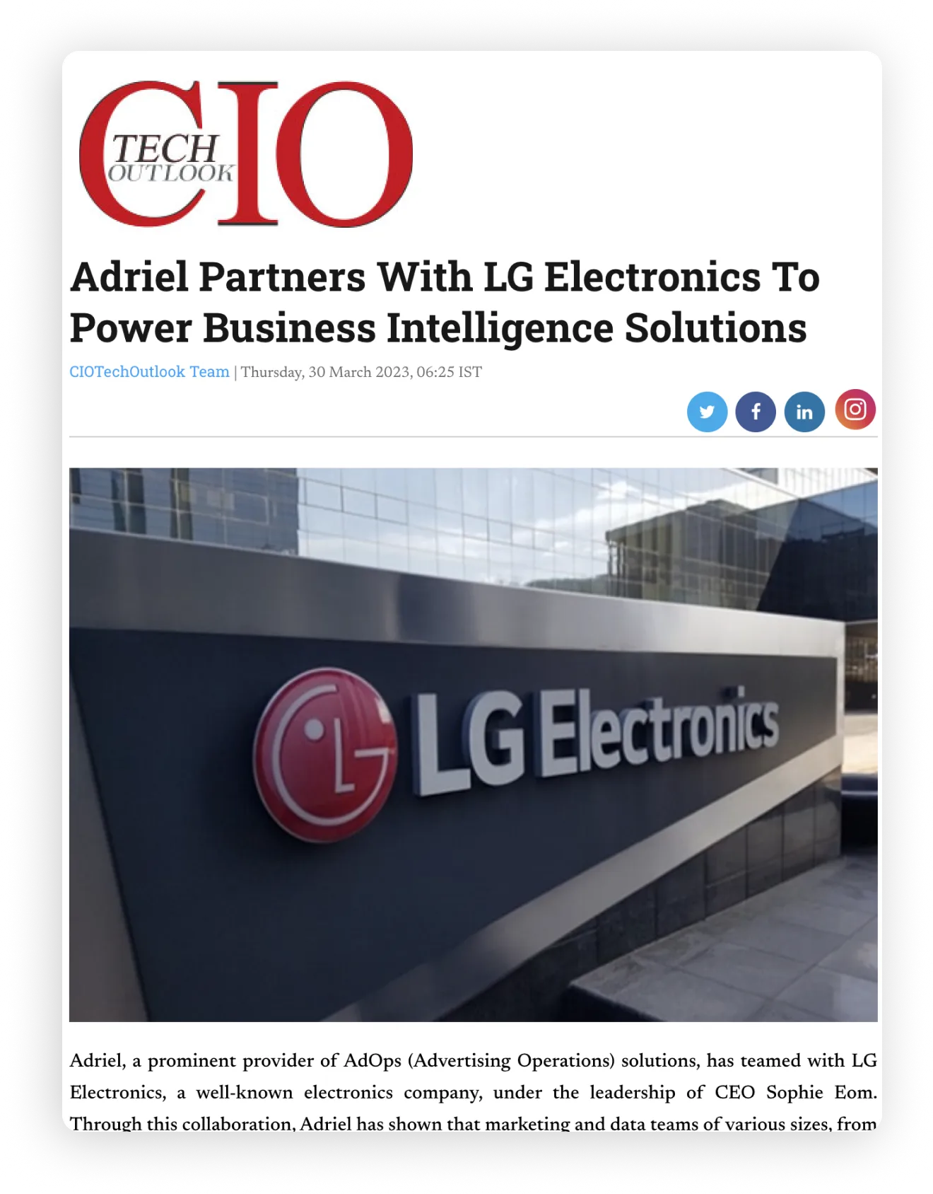 An article talking about Adriel partnering with LG Electronics