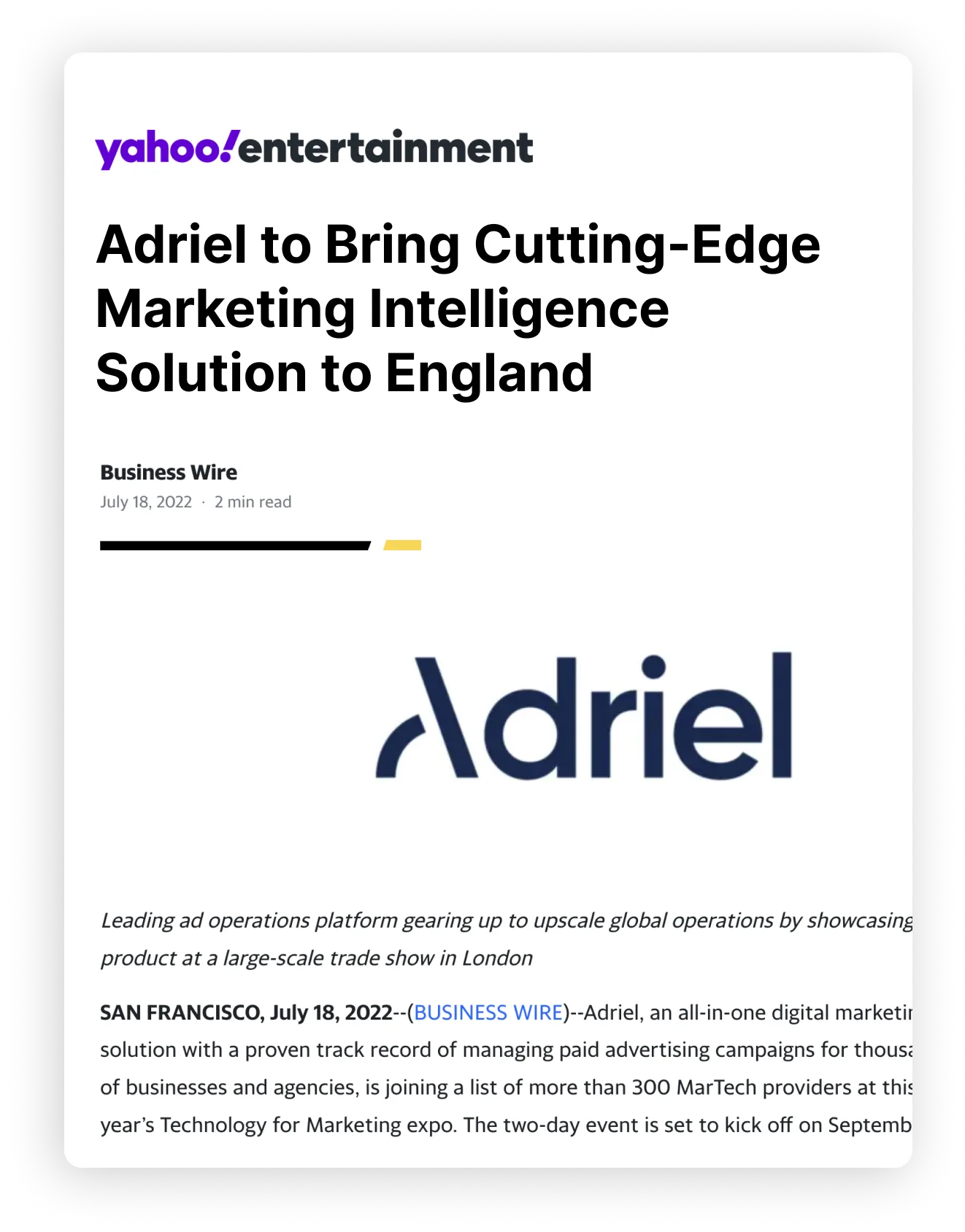 A yahoo entertainment article about Adriel coming to England.
