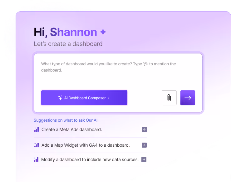 A graphic showing our AI Dashboard Builder, where you can ask it to build a dashboard to your specifications automatically, removing any additional set-up time.