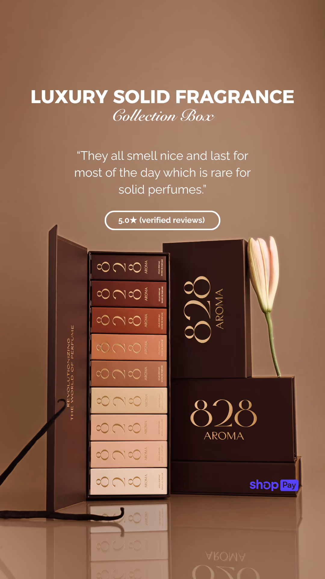 Luxury solid fragrance collection box by 828 Aroma with eight rectangular perfume containers in shades from brown to beige inside an open brown box, a light pink lily flower on the right, and text saying the perfumes smell nice and last all day with a 5-star verified review rating.