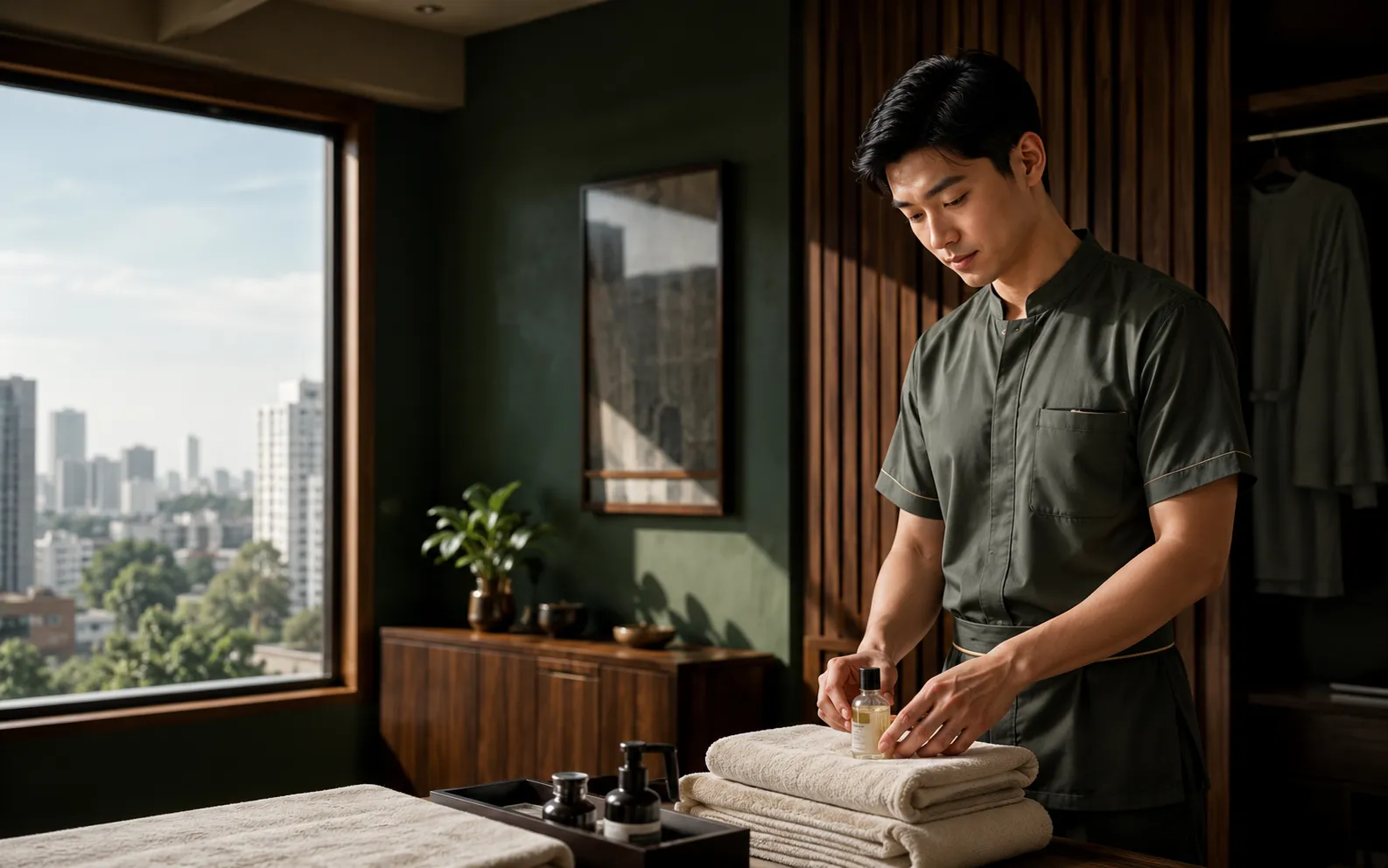 Male Therapist จัดเตรียมผ้าสะอาดและอุปกรณ์ก่อนเดินทางไปให้บริการ