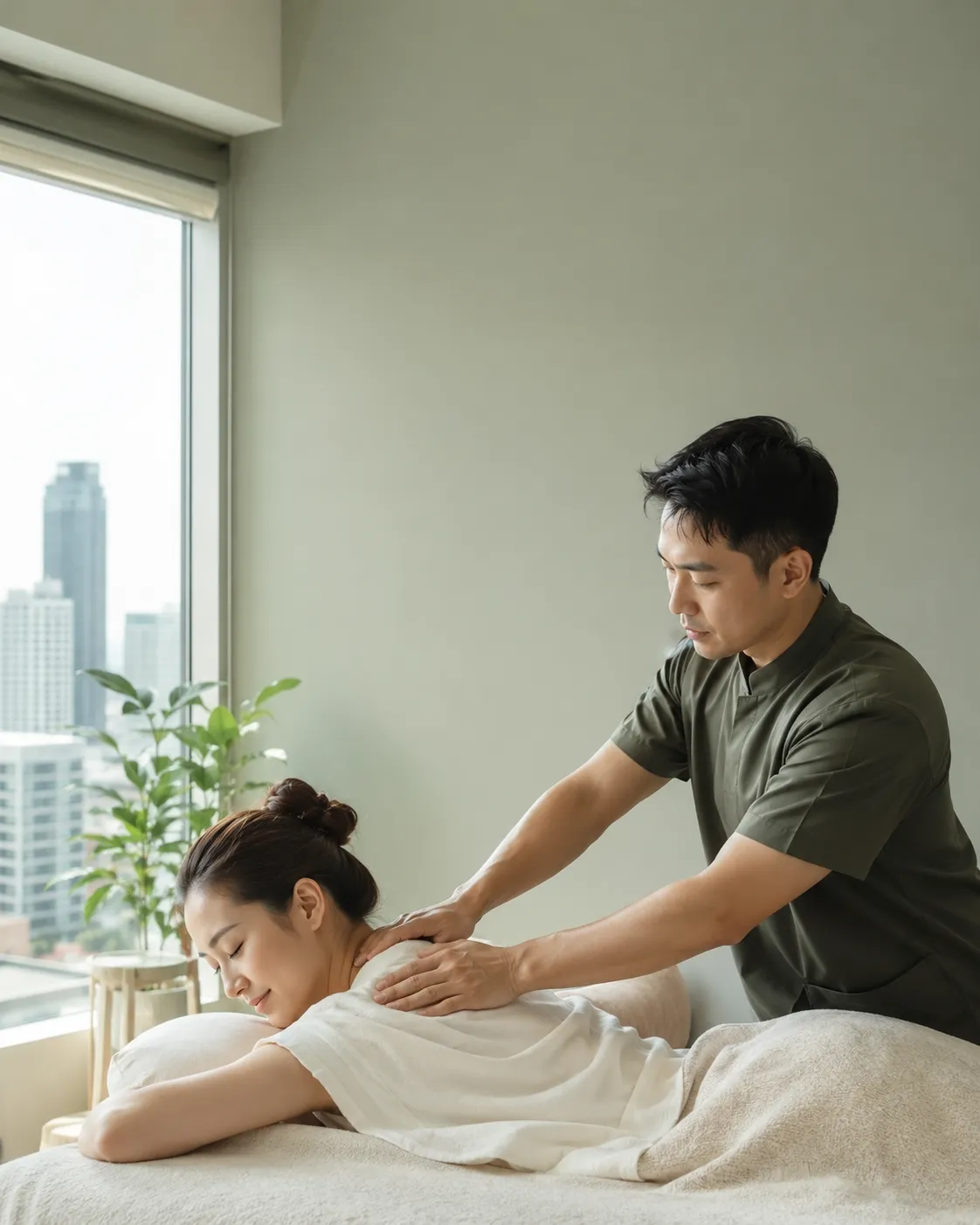 Women Massage Session ในห้องพักที่มองเห็นวิวเมืองกรุงเทพฯ