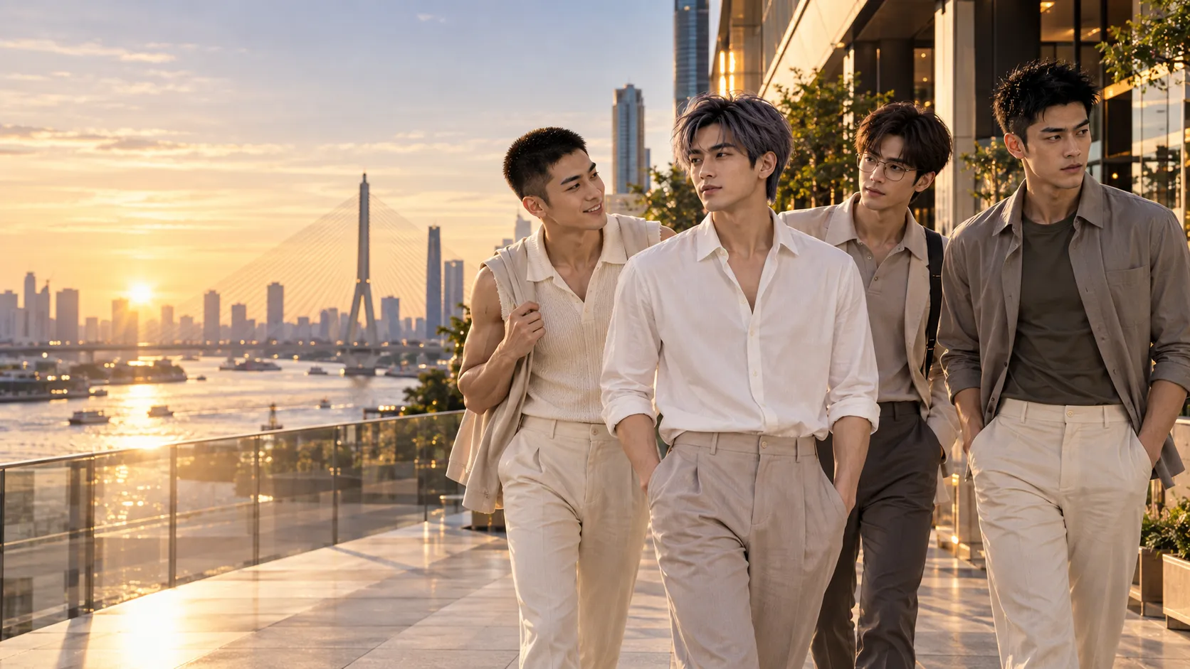 Four friends walking along the Chao Phraya riverside at sunset in Bangkok