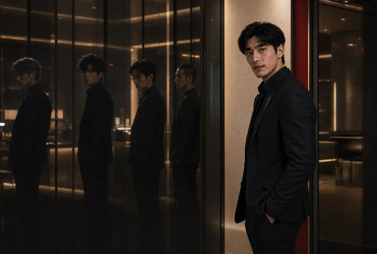 A man in black in the MMD Academy lobby, with four silhouettes reflected in the glass behind him