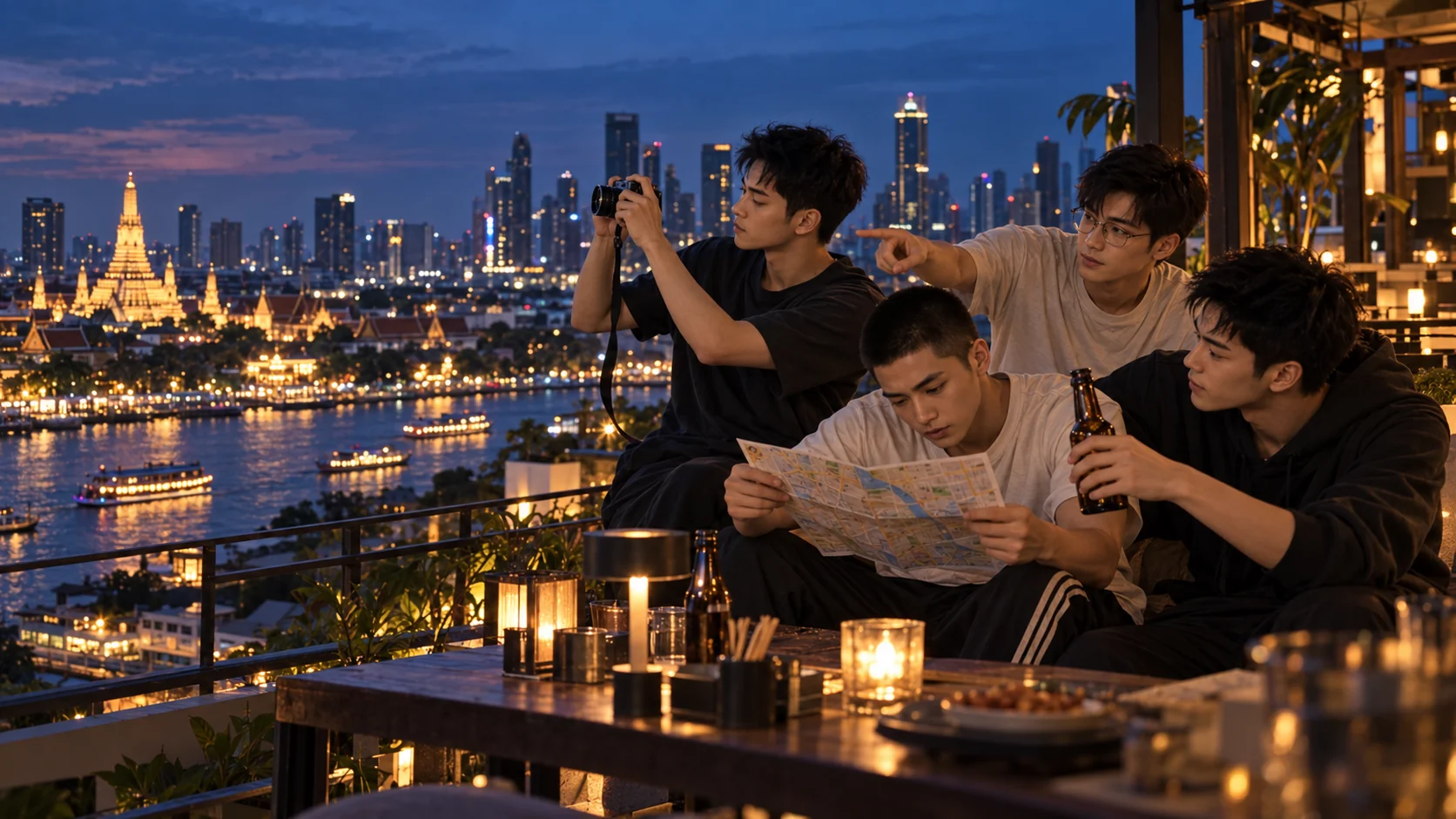 Hito, Hiei, Hiro and Hima share an evening on a Bangkok riverside rooftop, with the Chao Phraya and city skyline behind them.