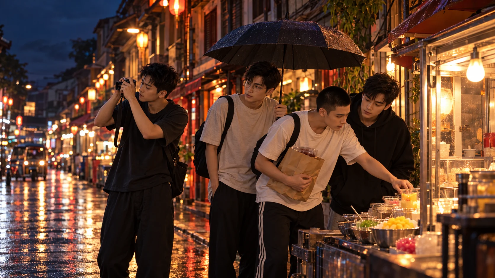 The four TMIB friends explore a Yaowarat side street after rain, sharing an umbrella while choosing a dessert and taking a photograph.