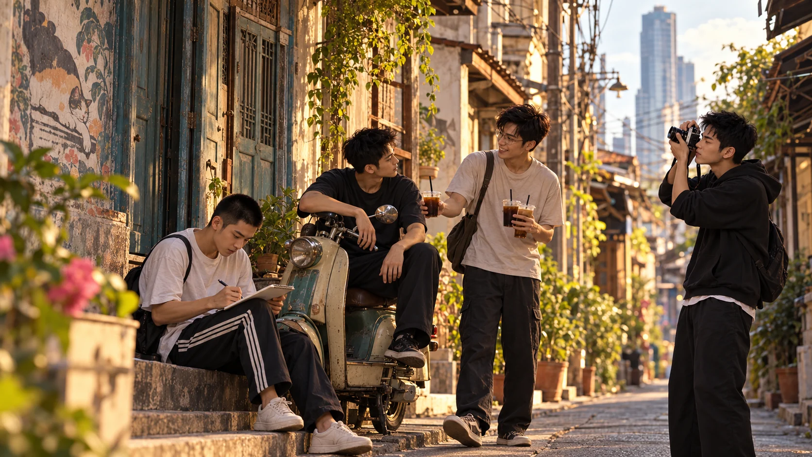 The four TMIB friends spend a late afternoon in Talat Noi: one sketches a doorway, one rests by a vintage scooter, and the others share drinks and take photos.