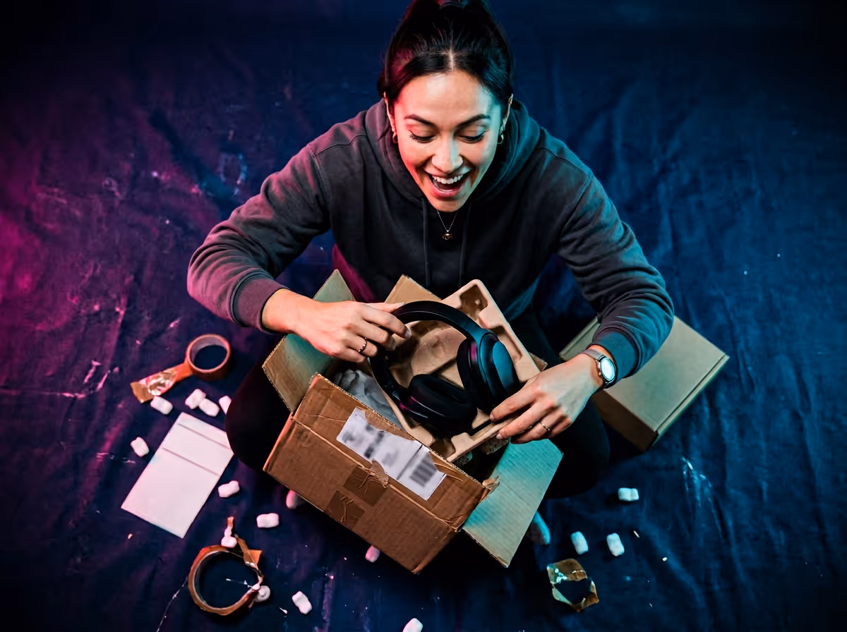 Woman excitedly unboxing a package with neon pink and cyan lighting