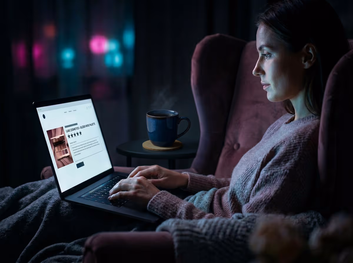 Person typing a product review on laptop in dark cozy environment