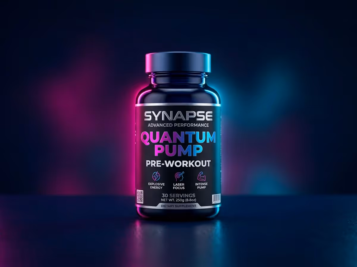 Supplement bottle with dramatic neon pink and cyan rim lighting on dark surface