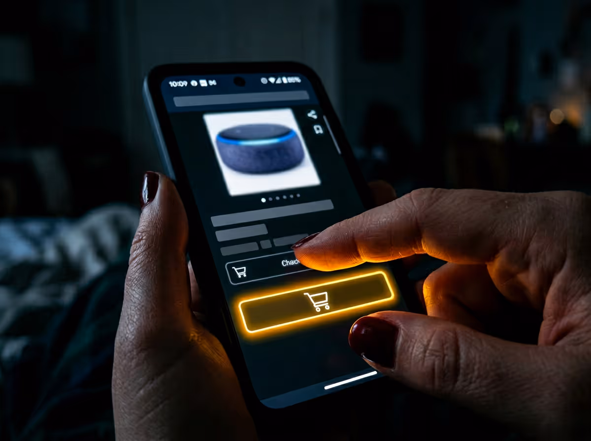 Finger about to tap Add to Cart button on phone screen with neon glow