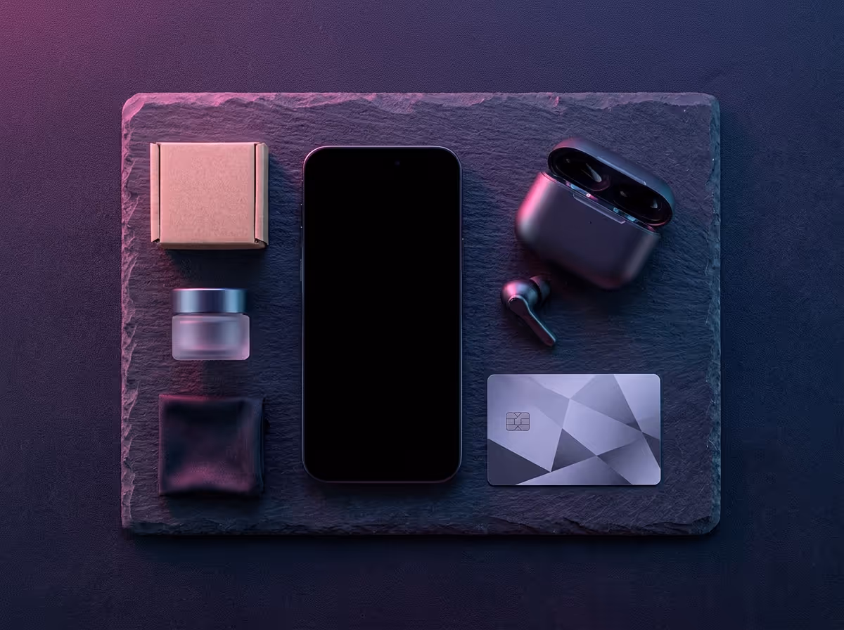 Flat lay of phone, earbuds, and small packages on dark surface with neon highlights