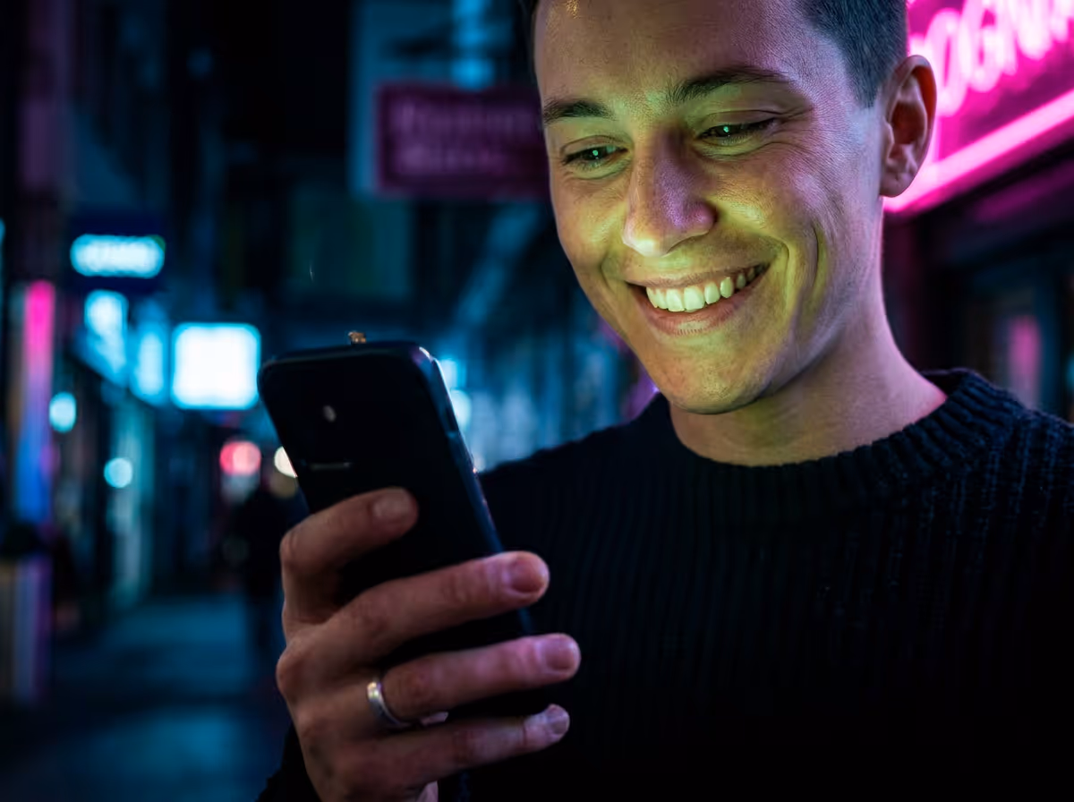 Person smiling at phone notification with neon pink accent light in dark city