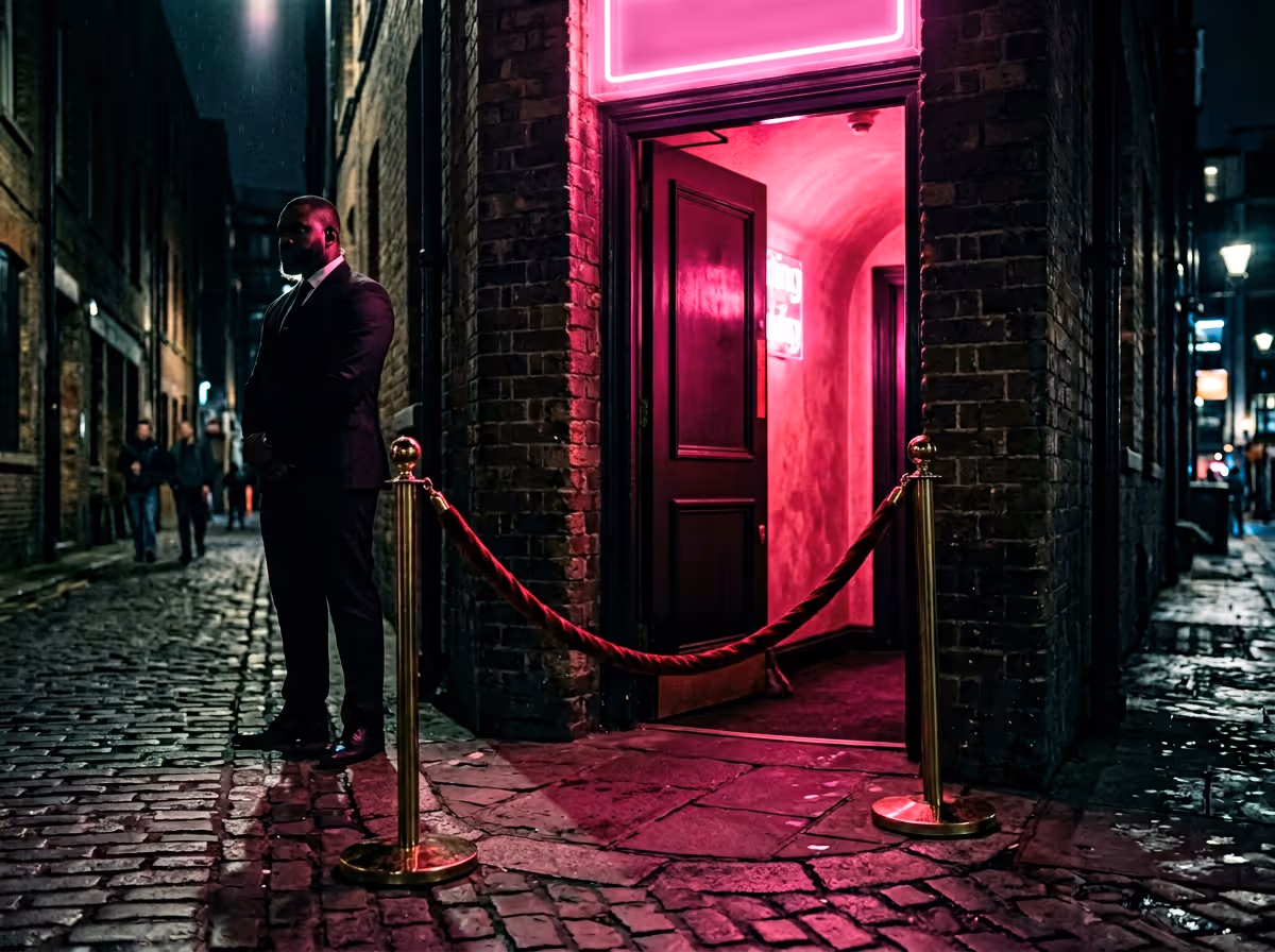 Velvet rope exclusive entrance with neon pink light, representing private club access