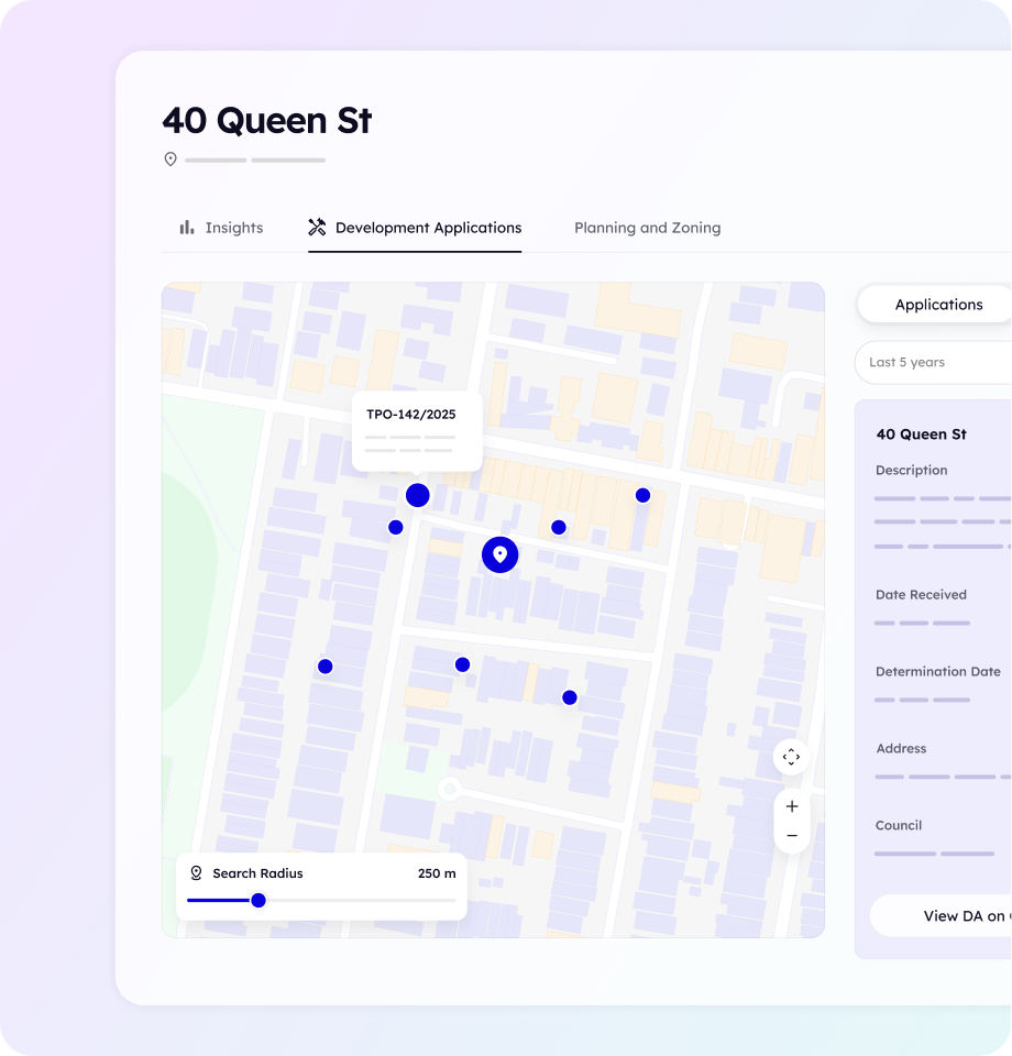Map showing development application locations marked with purple dots.