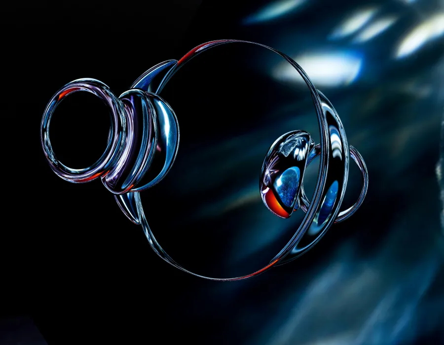 Iridescent 3D reflective metallic loops.