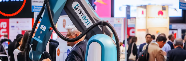 Robotic arm labeled ISYBOT interacting with a man at a busy conference or trade show.