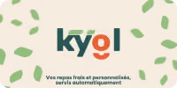 Kyol logo with text: fresh personalized meals served automatically, light green leaf pattern background.