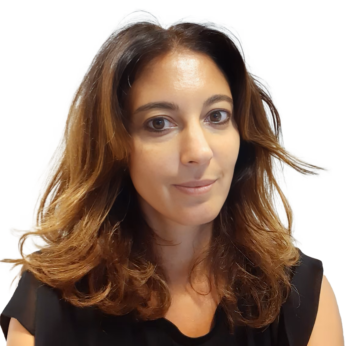 Woman with shoulder-length wavy brown hair, wearing a black top, looking at the camera.