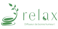 Green leaf and spiral logo with text 'relax Diffuseur de bonne humeur'.