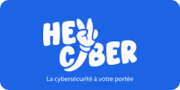 Blue background with white text saying 'Hey Cyber' and smaller text 'La cybersécurité à votre portée'.
