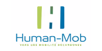 Human-Mob logo with green and blue bars and slogan about low-carbon mobility in French.
