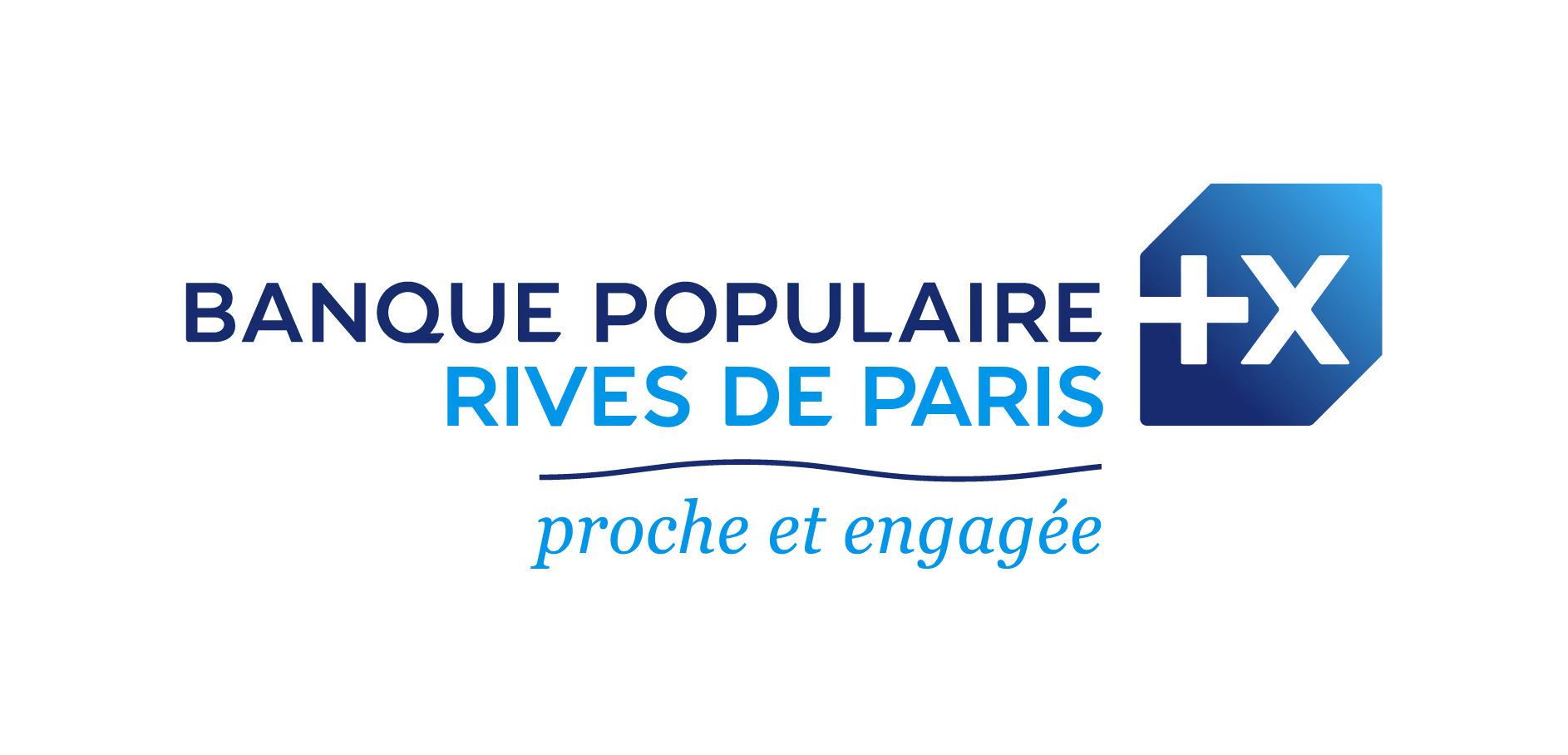Banque Populaire Rives de Paris logo with blue plus and X symbol and tagline proche et engagée.