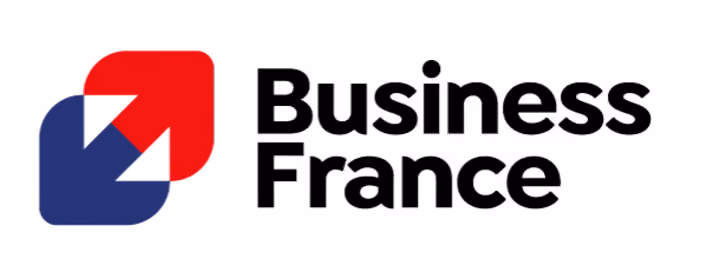 Business France logo with overlapping blue and red squares with white arrows.