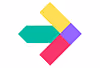 Abstract arrow shape composed of overlapping colorful geometric blocks in teal, yellow, purple, and red.
